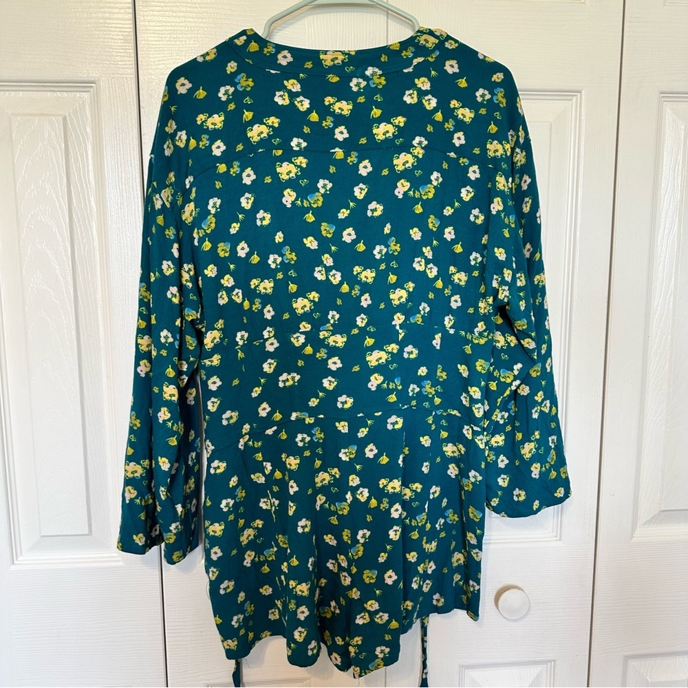 Free People Floral Long Sleeve Romper Teal Tie Waist Boho Size 6 - Picture 4 of 11